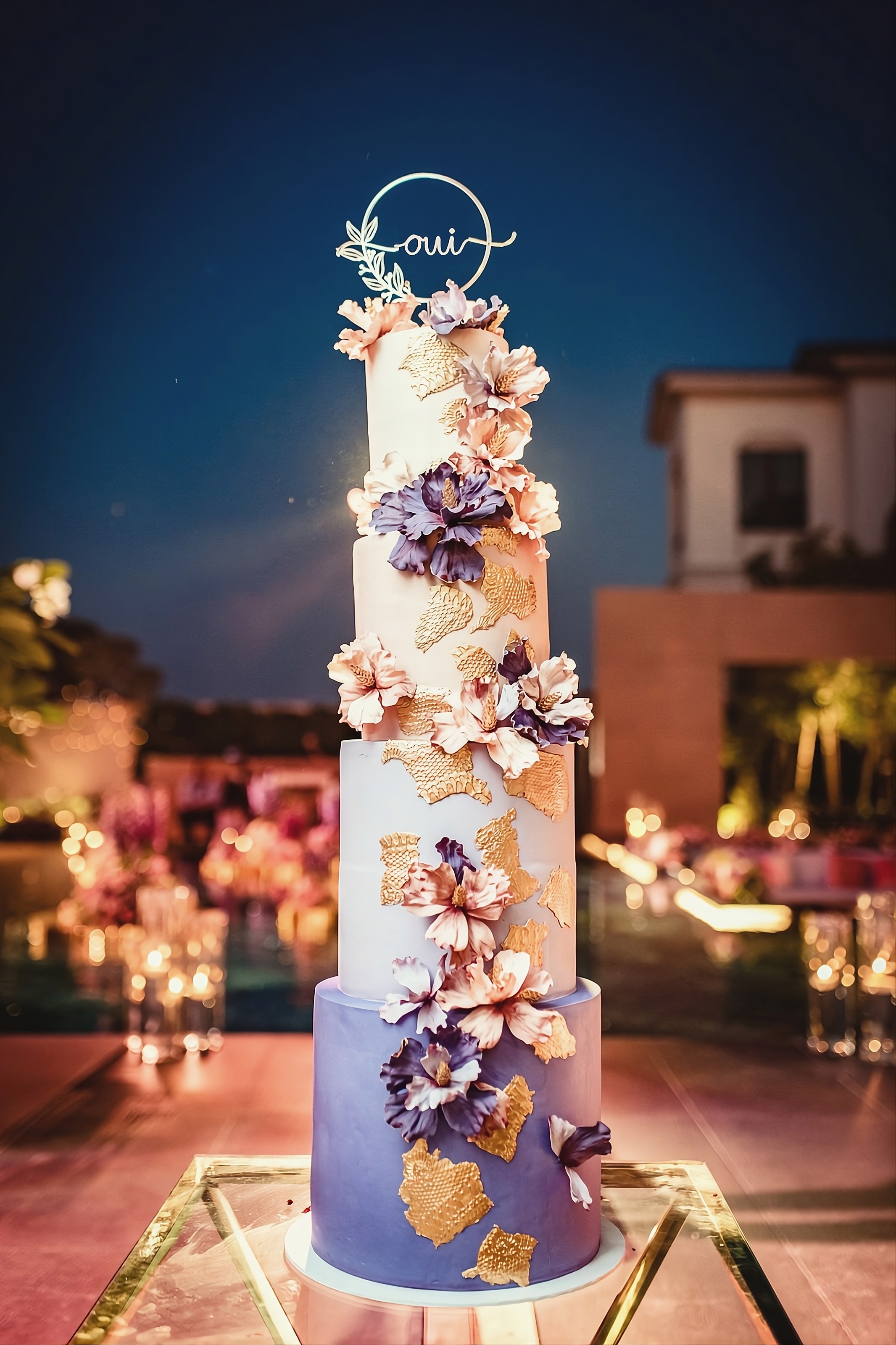 Lavender and gold tall wedding cake