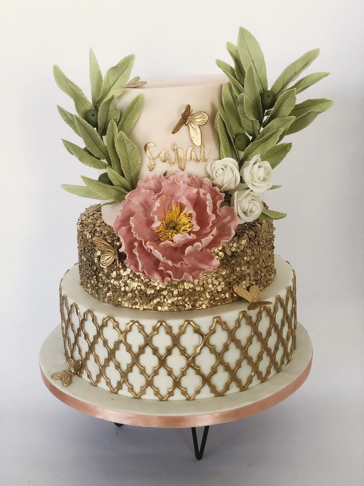 Three tier cake with gold trellis, sequin tier and blush peony