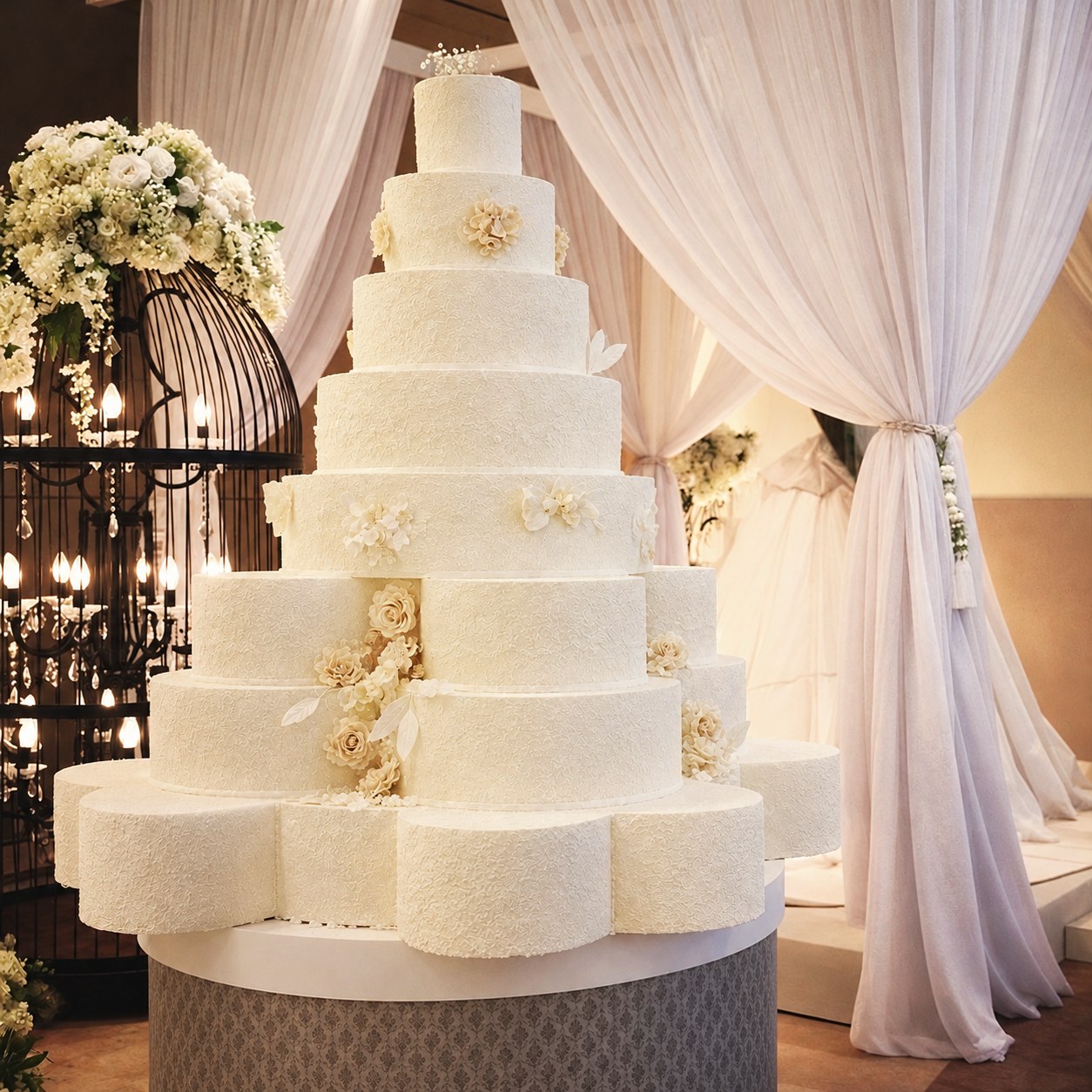 Eight tier ivory wedding cake against draped silk